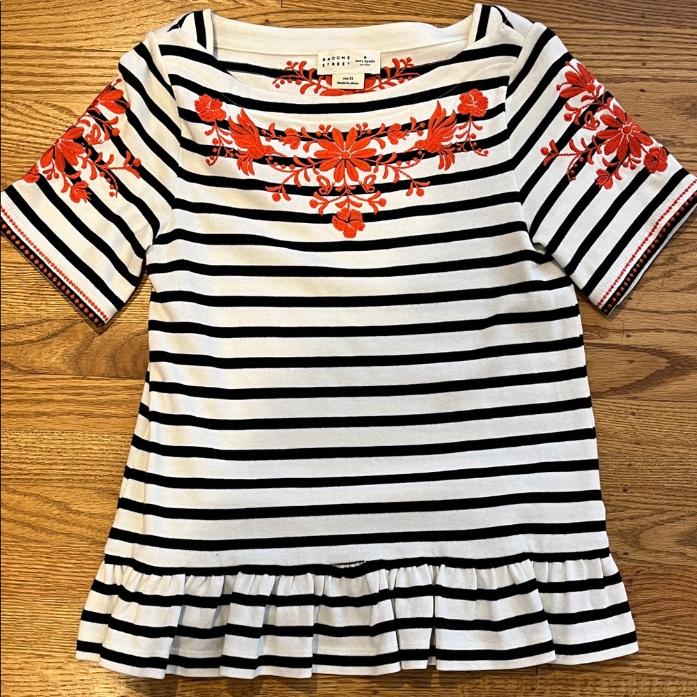 Kate Spade Black and White Striped Top with Red Floral Embroidery